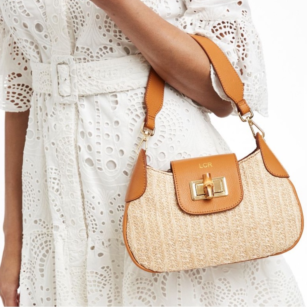 Mark & Graham faux Raffia Shoulder Bag! Tan Leather, Bamboo Latch & Gold Accent! - Picture 2 of 14